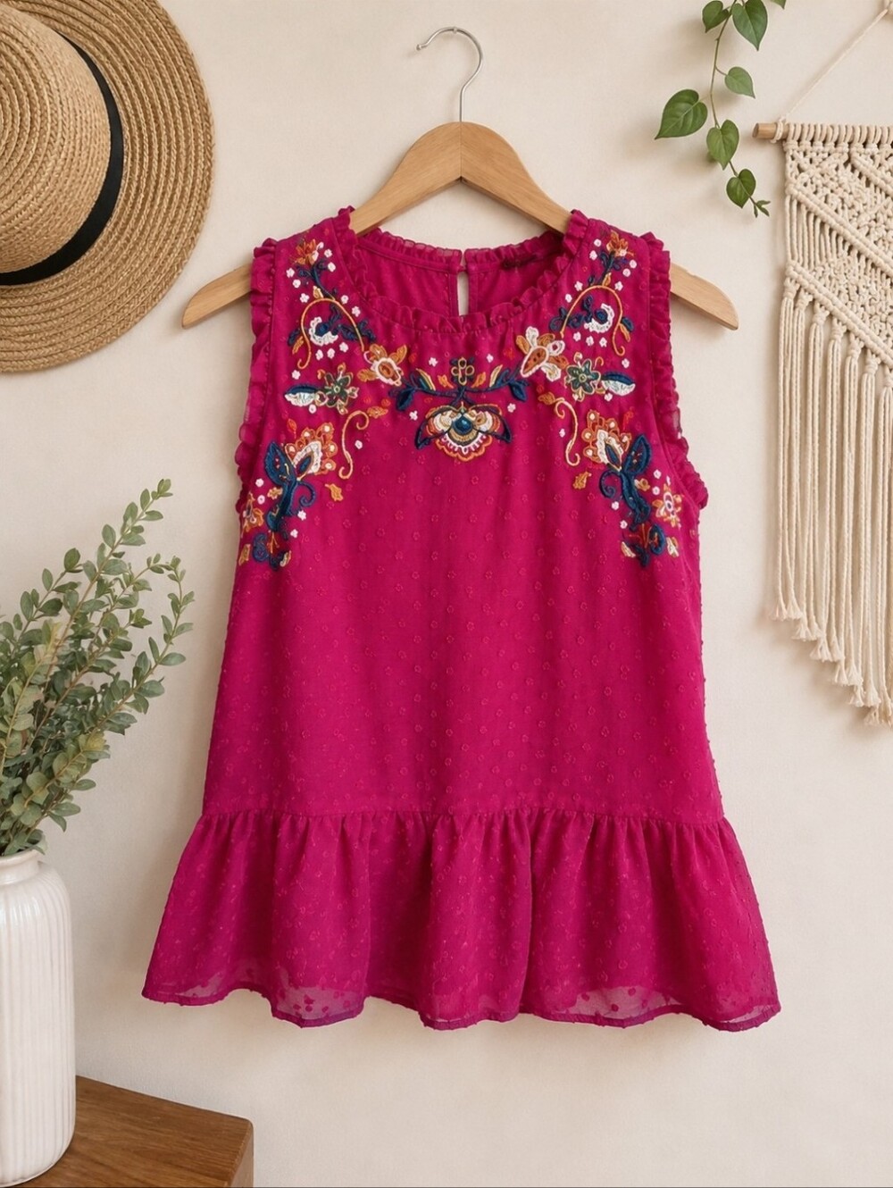 Love On A Hanger ~ Pink Embroidered Swiss Dot Ruffle Peplum Tank Top | M